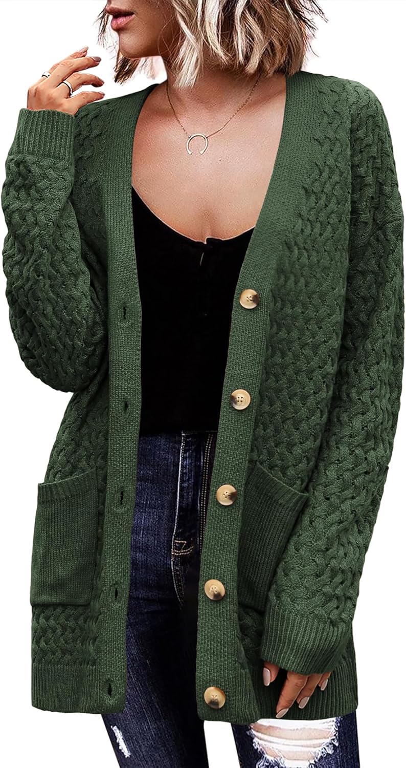 Zeagoo Damen Langarm Grobstrick Cardigan Herbststrickjacken Knopfleiste Offen Vorne Oberbekleidung mit Taschen 2024
