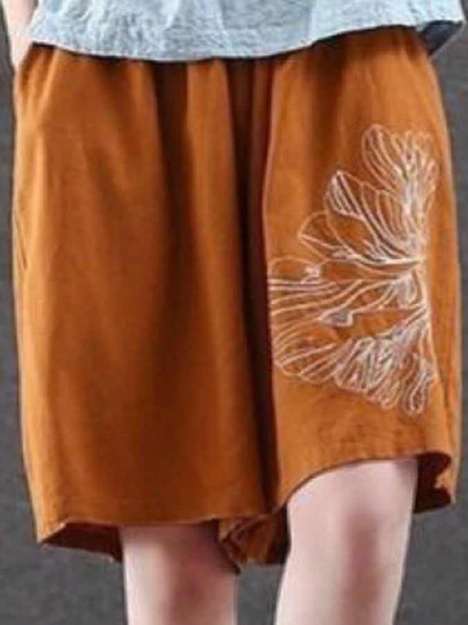 Legere Cropped-Hose aus Baumwolle und Leinen mit floraler Stickerei