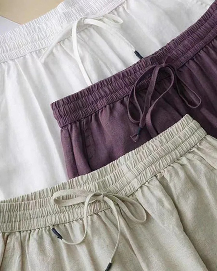 Loungehose aus bestickter Baumwolle und Leinen mit Cutouts