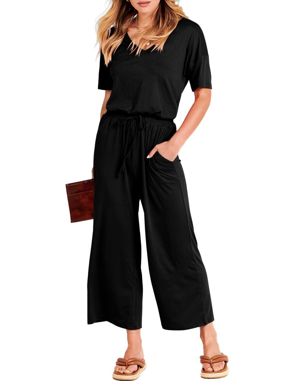 ANRABESS Kurzarm V-Ausschnitt Elastische Taille Weites Bein Cropped Hosen Jumpsuits Strampler