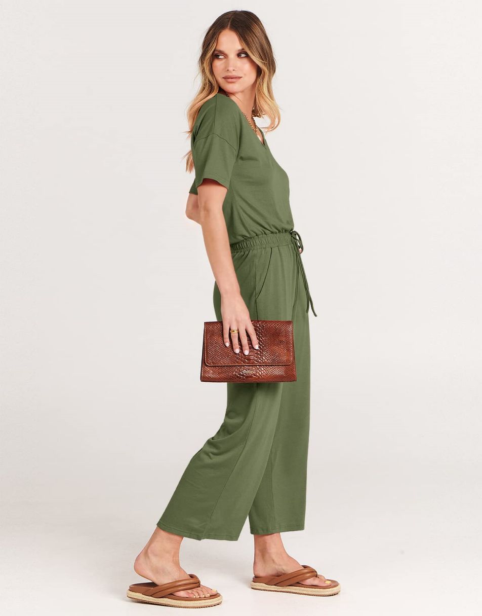ANRABESS Kurzarm V-Ausschnitt Elastische Taille Weites Bein Cropped Hosen Jumpsuits Strampler