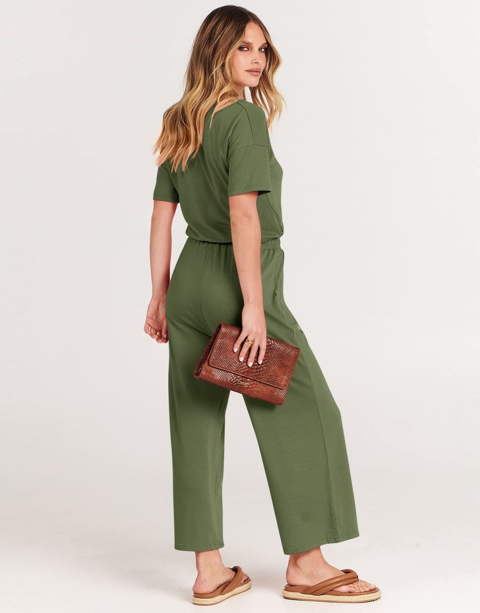 ANRABESS Kurzarm V-Ausschnitt Elastische Taille Weites Bein Cropped Hosen Jumpsuits Strampler