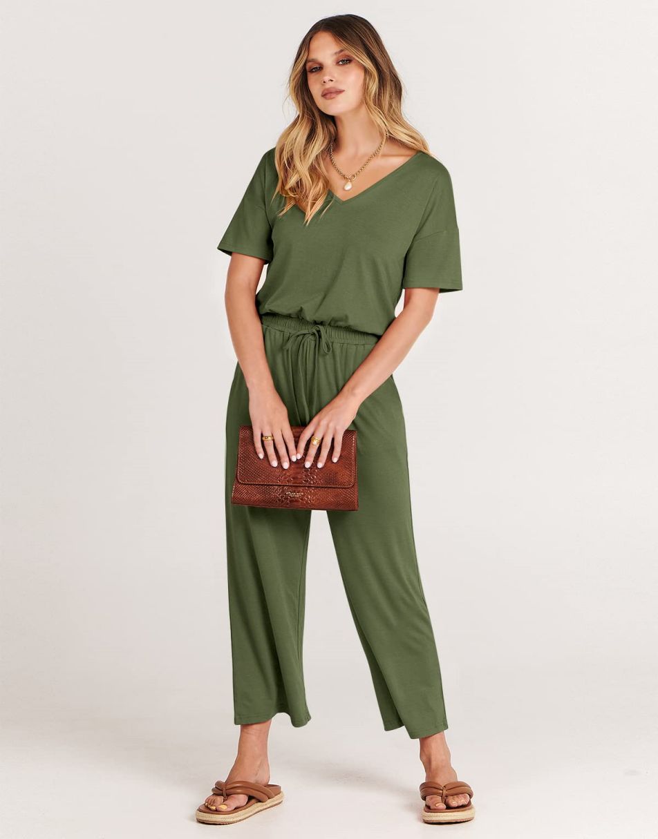 ANRABESS Kurzarm V-Ausschnitt Elastische Taille Weites Bein Cropped Hosen Jumpsuits Strampler