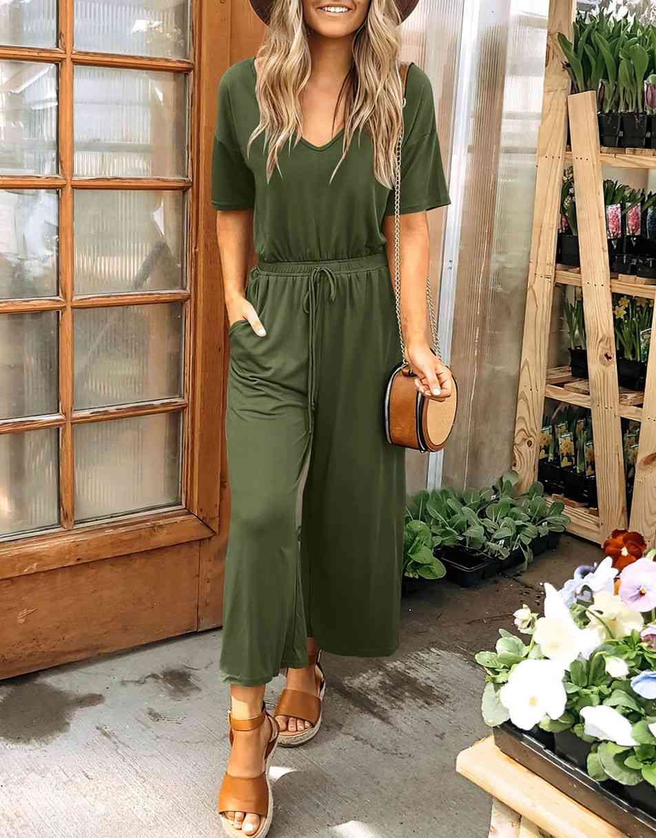 ANRABESS Kurzarm V-Ausschnitt Elastische Taille Weites Bein Cropped Hosen Jumpsuits Strampler