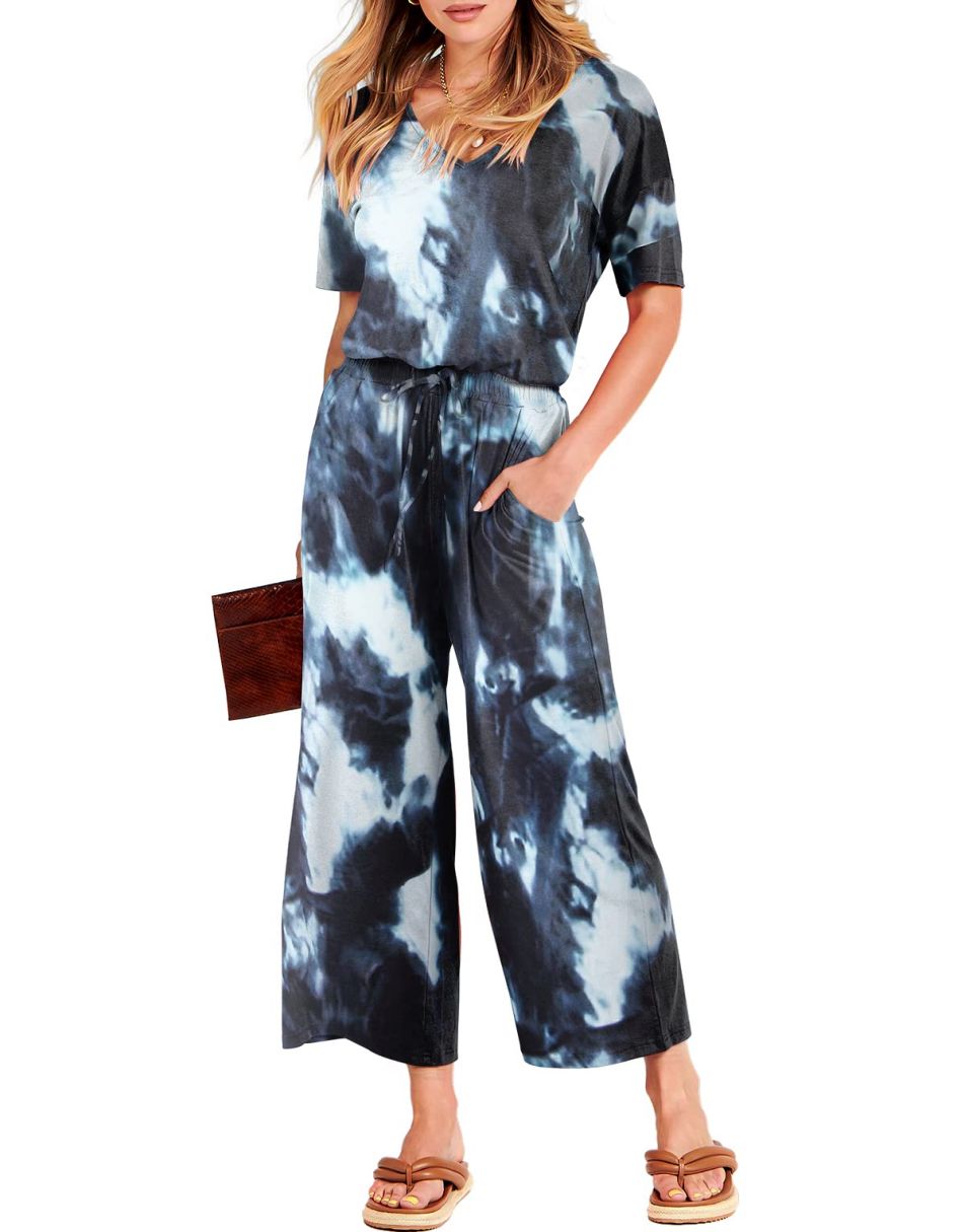 ANRABESS Kurzarm V-Ausschnitt Elastische Taille Weites Bein Cropped Hosen Jumpsuits Strampler