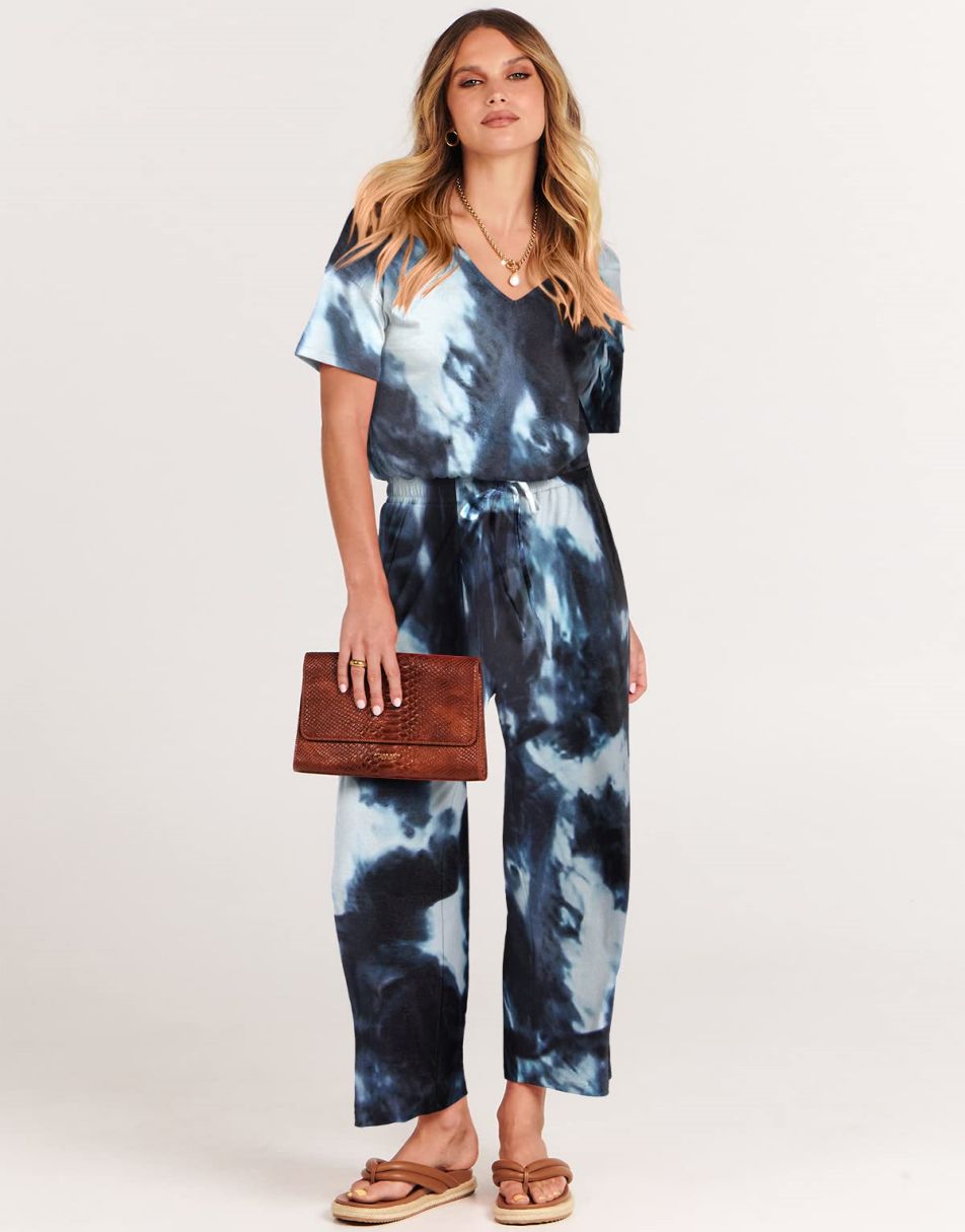 ANRABESS Kurzarm V-Ausschnitt Elastische Taille Weites Bein Cropped Hosen Jumpsuits Strampler