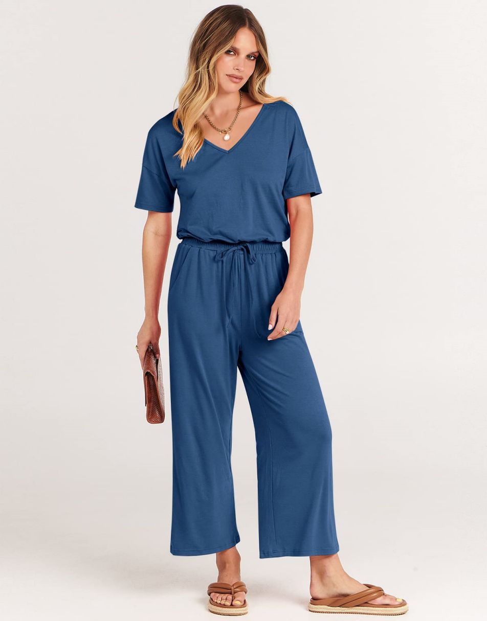 ANRABESS Kurzarm V-Ausschnitt Elastische Taille Weites Bein Cropped Hosen Jumpsuits Strampler