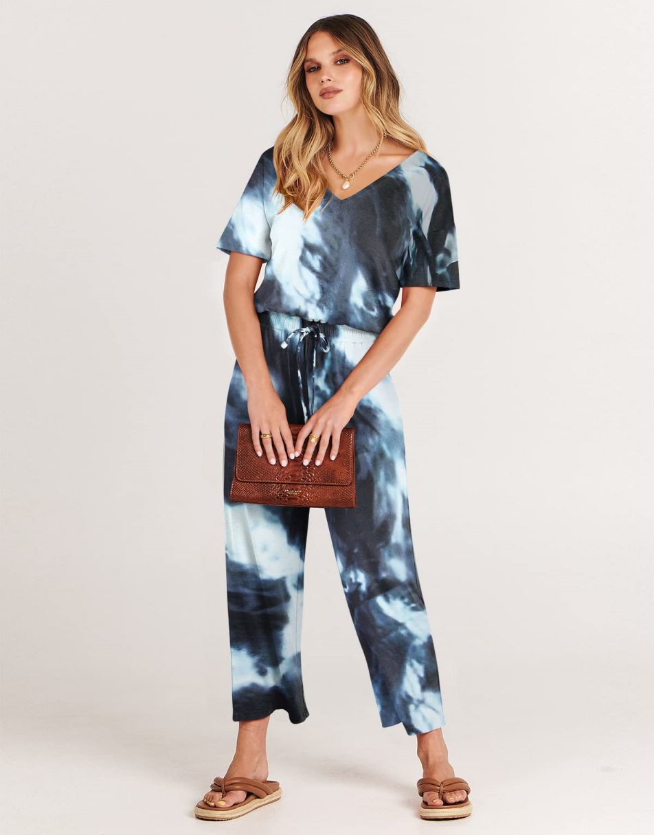 ANRABESS Kurzarm V-Ausschnitt Elastische Taille Weites Bein Cropped Hosen Jumpsuits Strampler