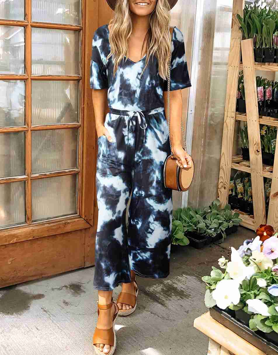 ANRABESS Kurzarm V-Ausschnitt Elastische Taille Weites Bein Cropped Hosen Jumpsuits Strampler