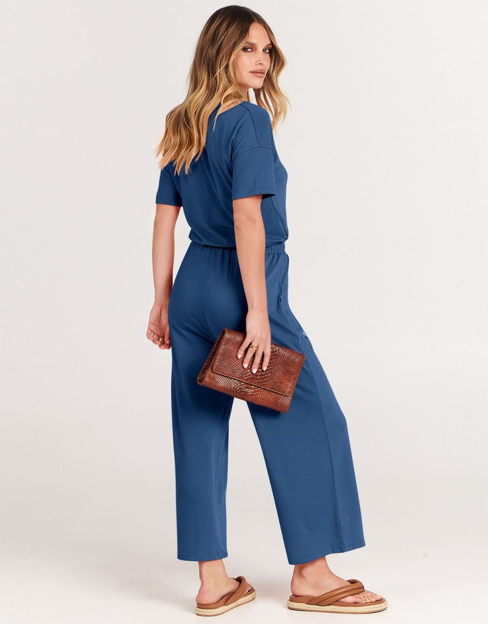 ANRABESS Kurzarm V-Ausschnitt Elastische Taille Weites Bein Cropped Hosen Jumpsuits Strampler