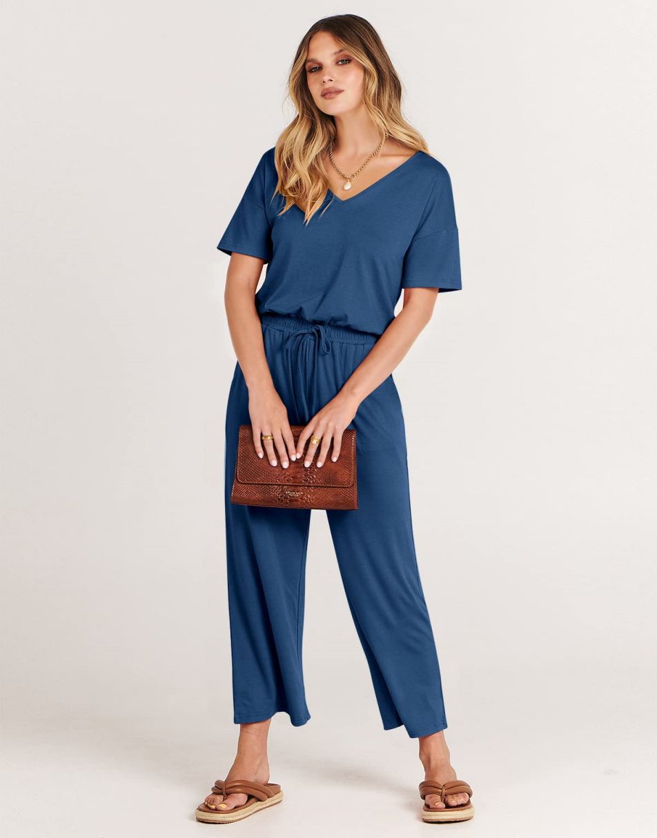 ANRABESS Kurzarm V-Ausschnitt Elastische Taille Weites Bein Cropped Hosen Jumpsuits Strampler