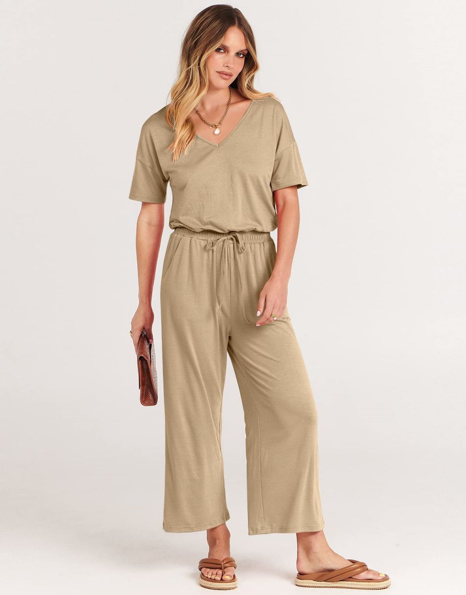 ANRABESS Kurzarm V-Ausschnitt Elastische Taille Weites Bein Cropped Hosen Jumpsuits Strampler