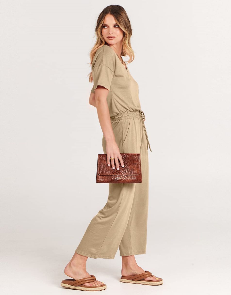 ANRABESS Kurzarm V-Ausschnitt Elastische Taille Weites Bein Cropped Hosen Jumpsuits Strampler