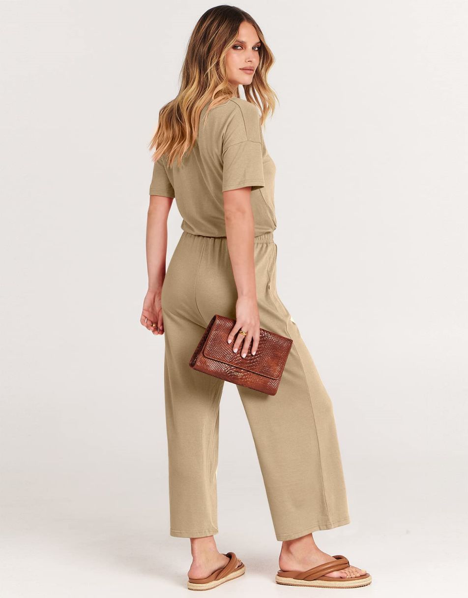 ANRABESS Kurzarm V-Ausschnitt Elastische Taille Weites Bein Cropped Hosen Jumpsuits Strampler