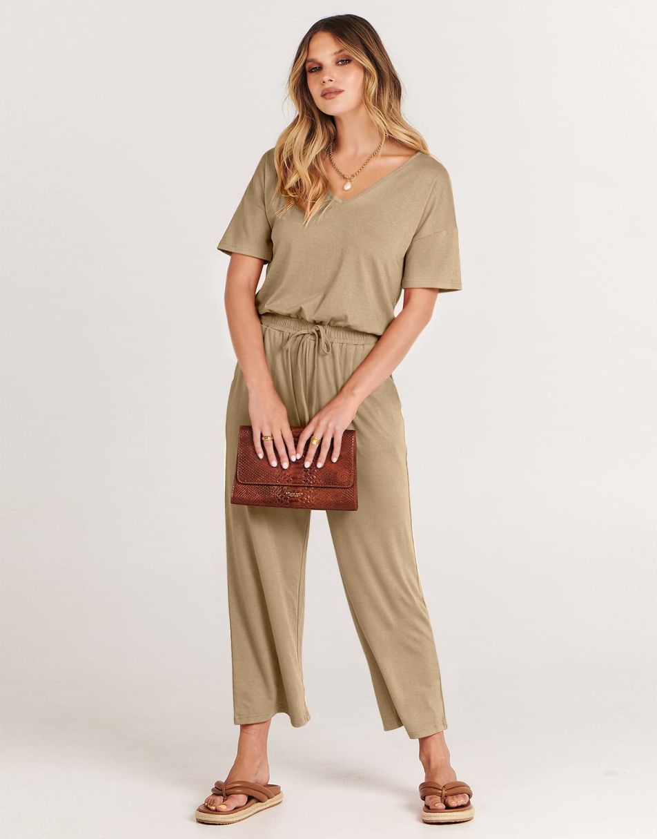 ANRABESS Kurzarm V-Ausschnitt Elastische Taille Weites Bein Cropped Hosen Jumpsuits Strampler