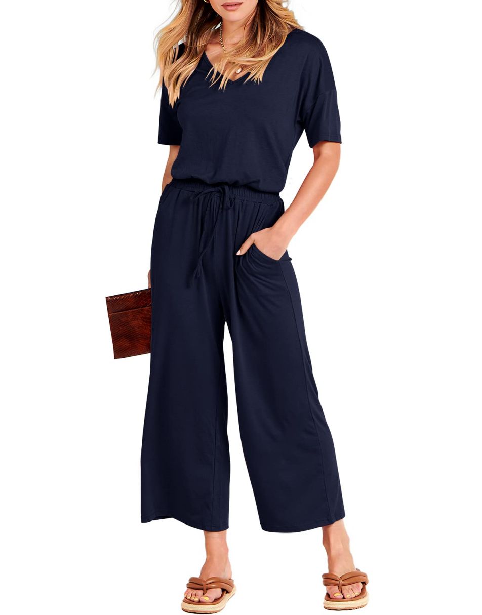 ANRABESS Kurzarm V-Ausschnitt Elastische Taille Weites Bein Cropped Hosen Jumpsuits Strampler