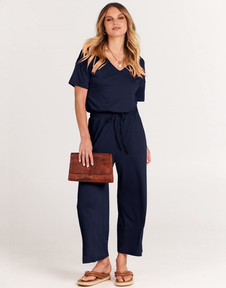 ANRABESS Kurzarm V-Ausschnitt Elastische Taille Weites Bein Cropped Hosen Jumpsuits Strampler