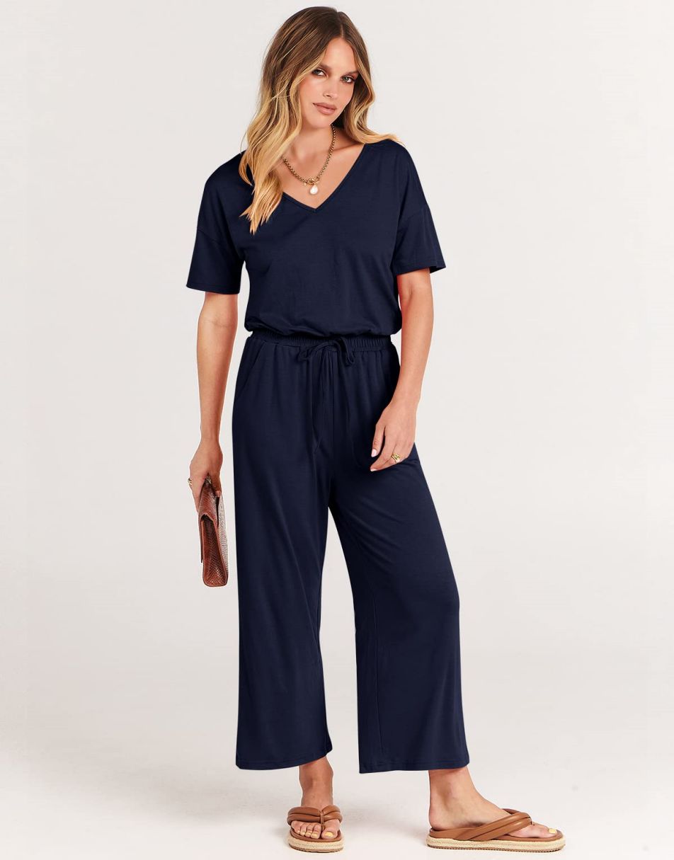ANRABESS Kurzarm V-Ausschnitt Elastische Taille Weites Bein Cropped Hosen Jumpsuits Strampler