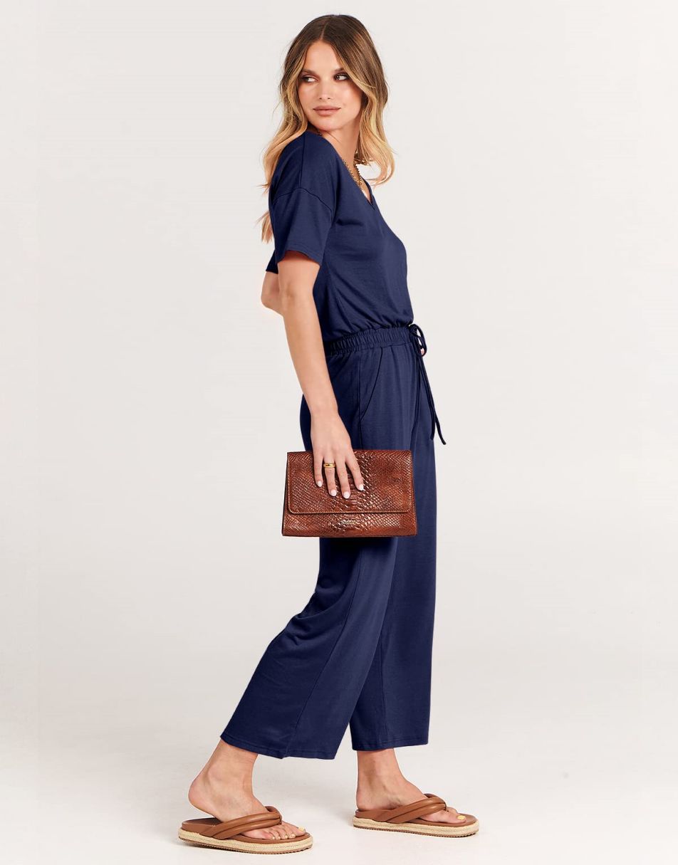 ANRABESS Kurzarm V-Ausschnitt Elastische Taille Weites Bein Cropped Hosen Jumpsuits Strampler