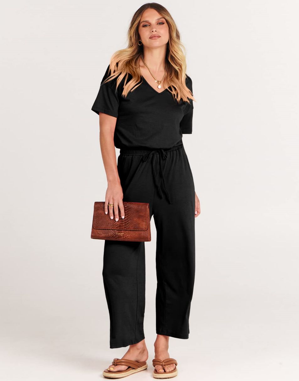 ANRABESS Kurzarm V-Ausschnitt Elastische Taille Weites Bein Cropped Hosen Jumpsuits Strampler