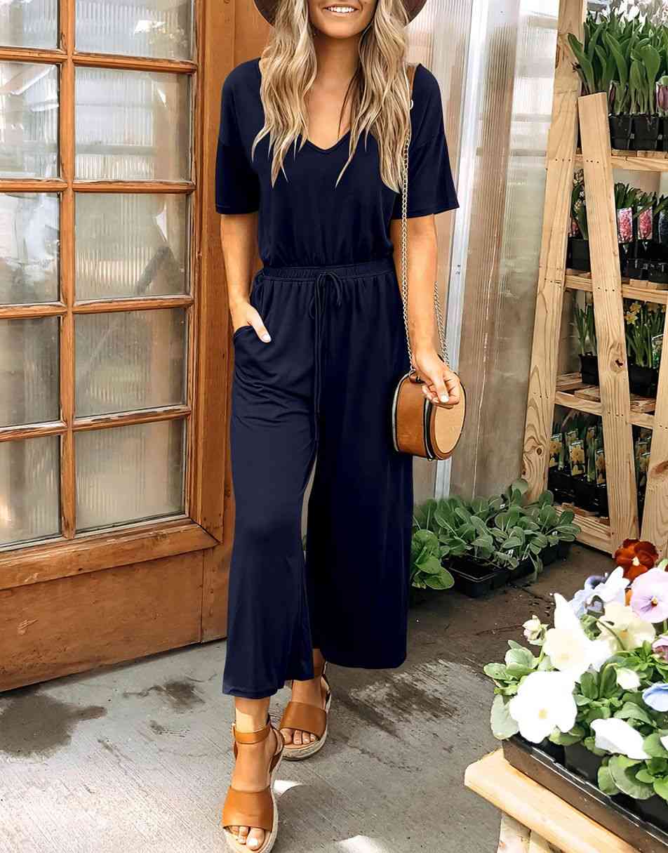 ANRABESS Kurzarm V-Ausschnitt Elastische Taille Weites Bein Cropped Hosen Jumpsuits Strampler