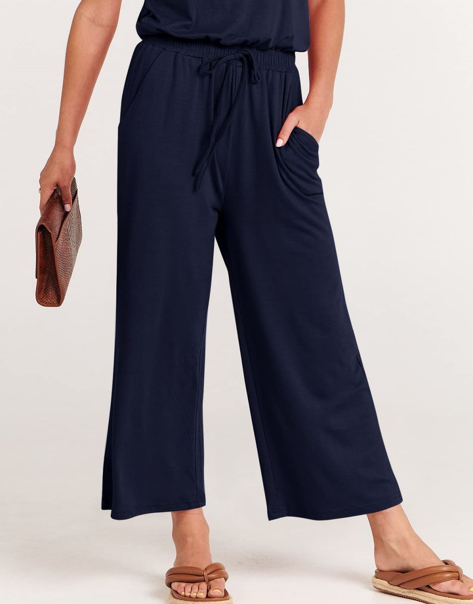 ANRABESS Kurzarm V-Ausschnitt Elastische Taille Weites Bein Cropped Hosen Jumpsuits Strampler