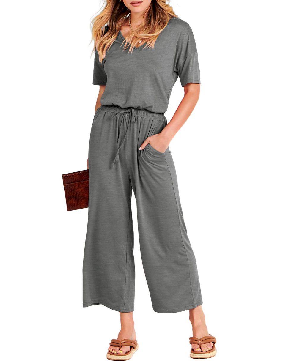 ANRABESS Kurzarm V-Ausschnitt Elastische Taille Weites Bein Cropped Hosen Jumpsuits Strampler