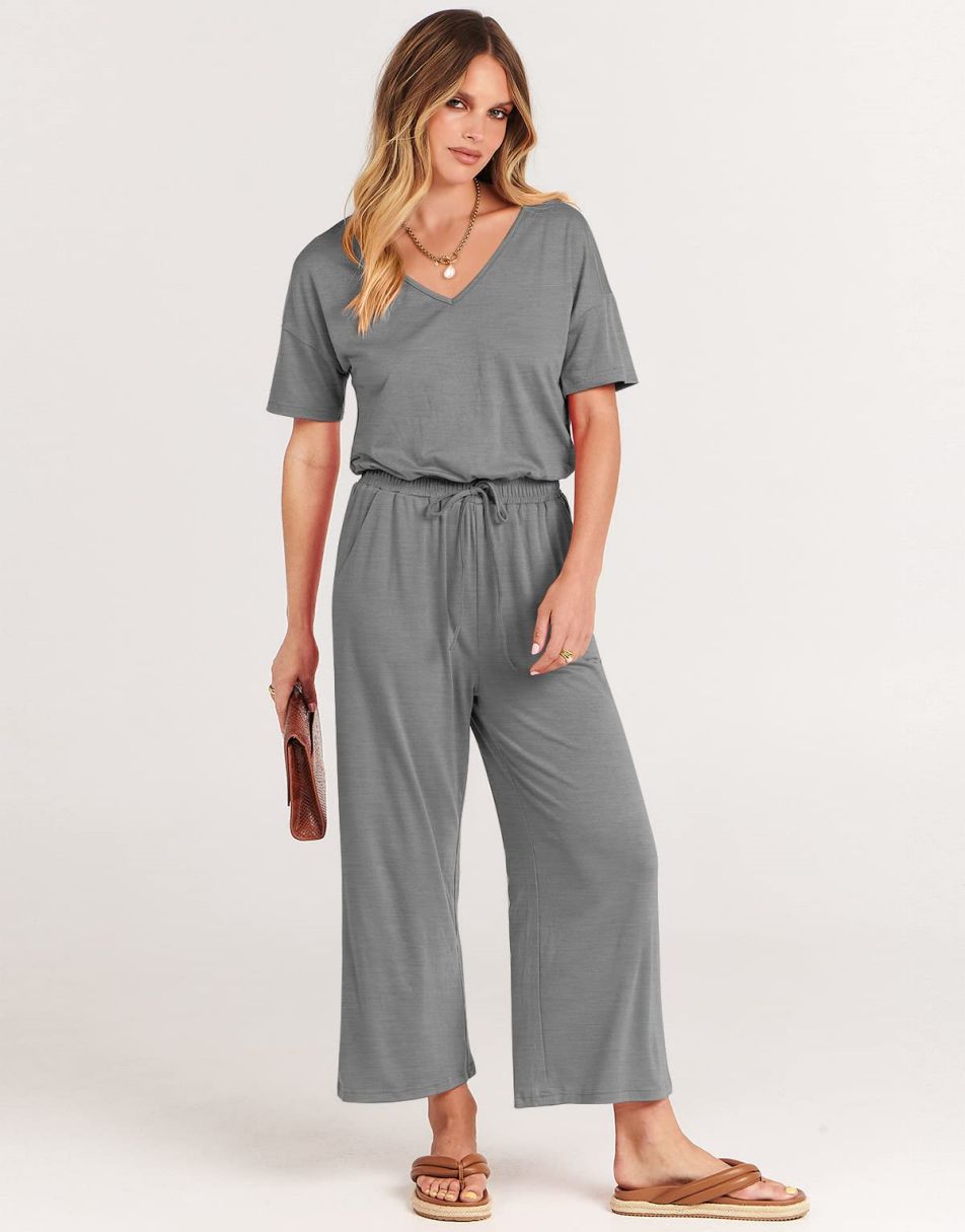 ANRABESS Kurzarm V-Ausschnitt Elastische Taille Weites Bein Cropped Hosen Jumpsuits Strampler
