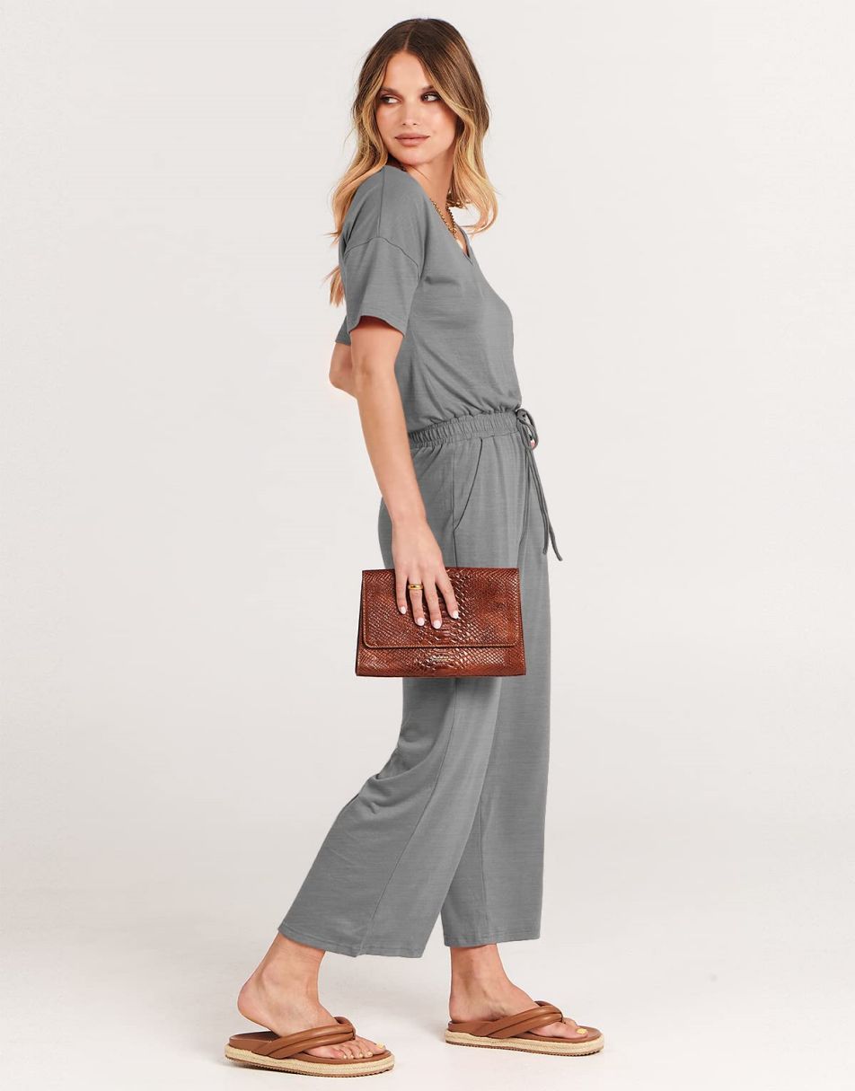 ANRABESS Kurzarm V-Ausschnitt Elastische Taille Weites Bein Cropped Hosen Jumpsuits Strampler