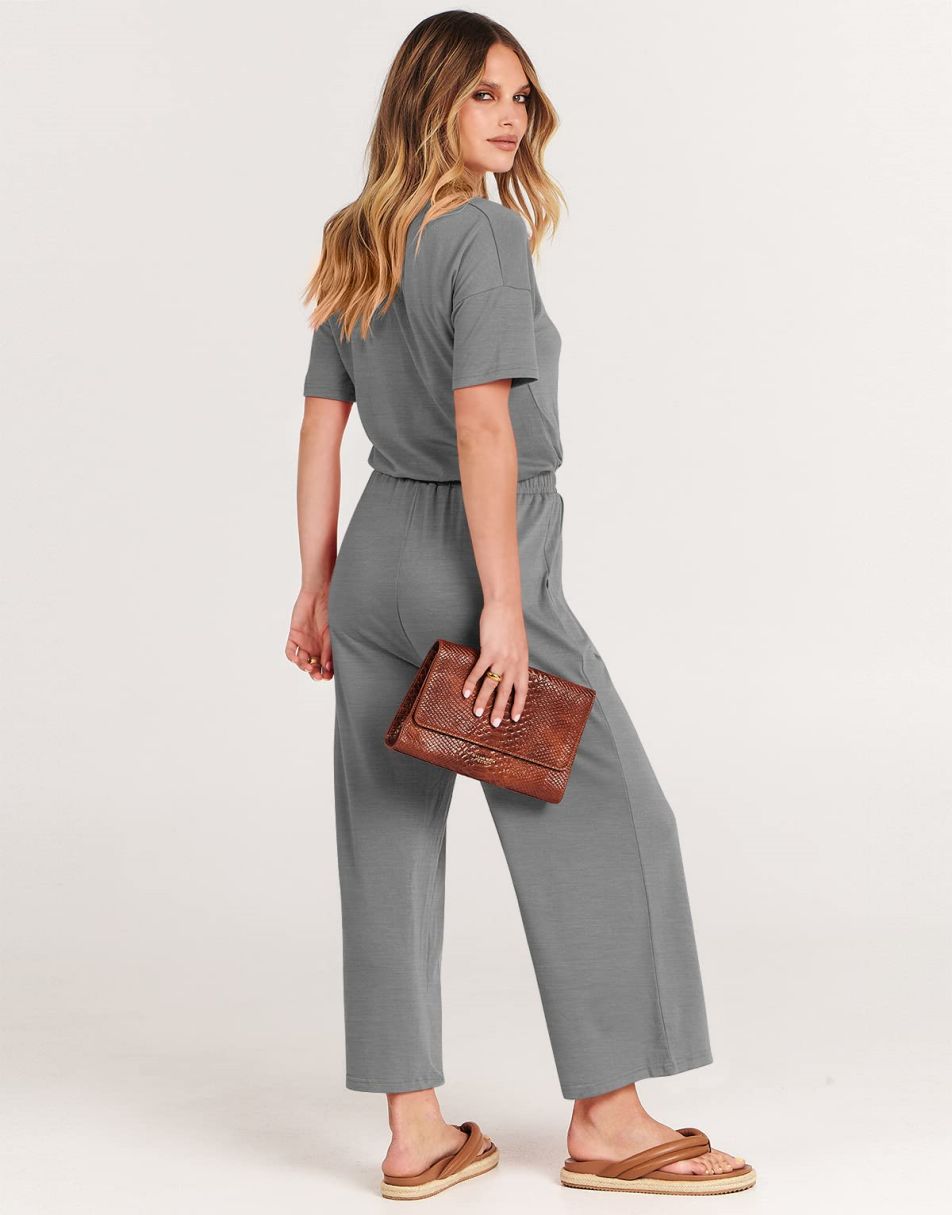 ANRABESS Kurzarm V-Ausschnitt Elastische Taille Weites Bein Cropped Hosen Jumpsuits Strampler