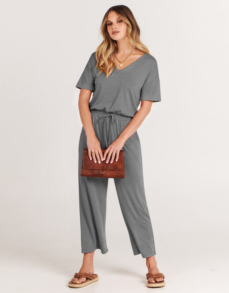 ANRABESS Kurzarm V-Ausschnitt Elastische Taille Weites Bein Cropped Hosen Jumpsuits Strampler