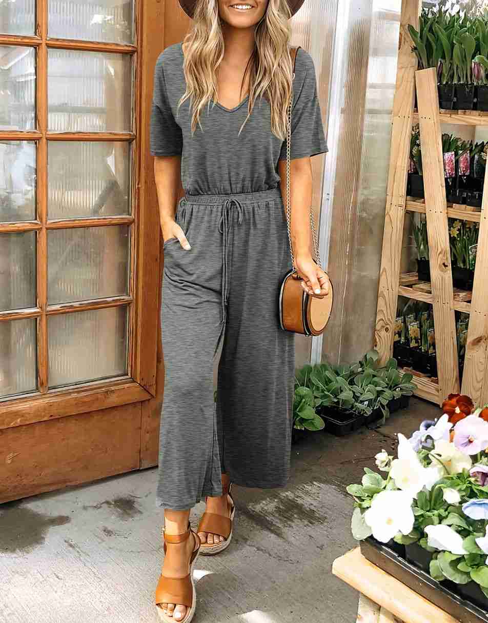 ANRABESS Kurzarm V-Ausschnitt Elastische Taille Weites Bein Cropped Hosen Jumpsuits Strampler
