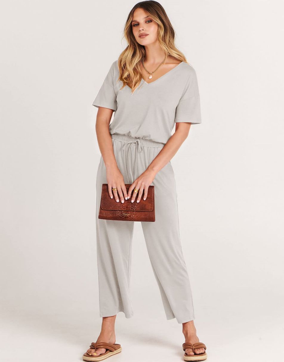 ANRABESS Kurzarm V-Ausschnitt Elastische Taille Weites Bein Cropped Hosen Jumpsuits Strampler