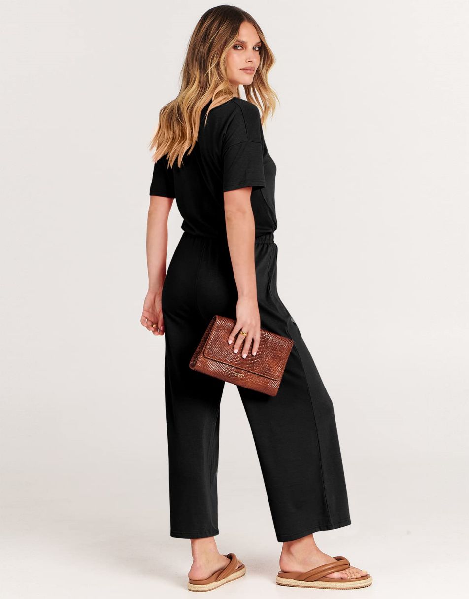 ANRABESS Kurzarm V-Ausschnitt Elastische Taille Weites Bein Cropped Hosen Jumpsuits Strampler
