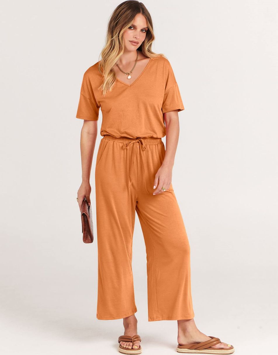 ANRABESS Kurzarm V-Ausschnitt Elastische Taille Weites Bein Cropped Hosen Jumpsuits Strampler