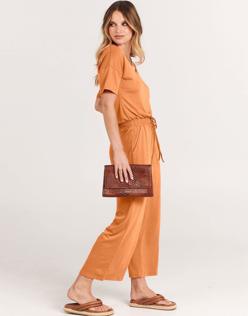 ANRABESS Kurzarm V-Ausschnitt Elastische Taille Weites Bein Cropped Hosen Jumpsuits Strampler