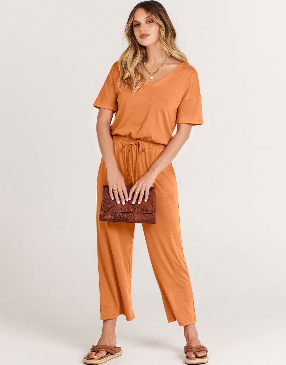 ANRABESS Kurzarm V-Ausschnitt Elastische Taille Weites Bein Cropped Hosen Jumpsuits Strampler