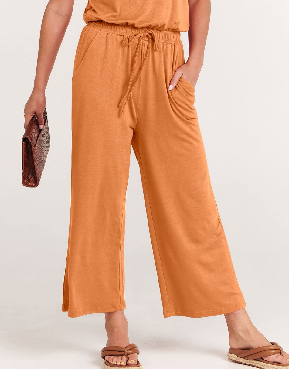 ANRABESS Kurzarm V-Ausschnitt Elastische Taille Weites Bein Cropped Hosen Jumpsuits Strampler