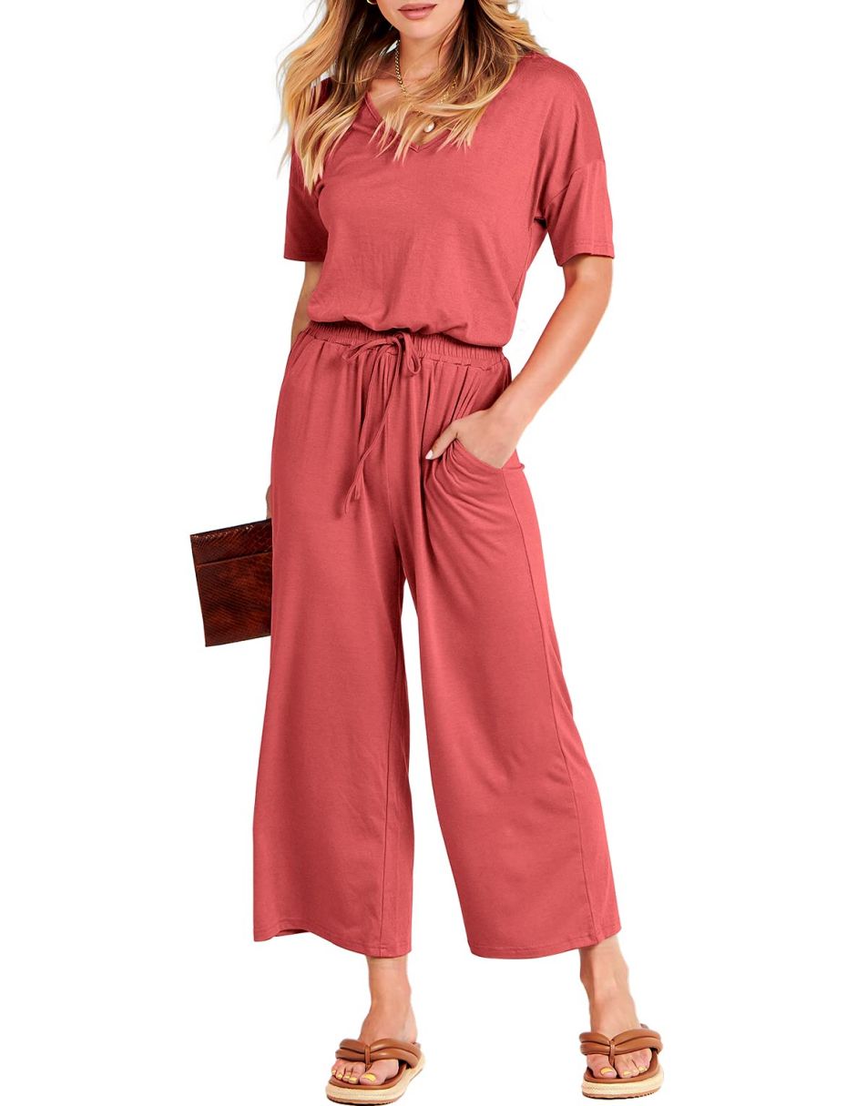 ANRABESS Kurzarm V-Ausschnitt Elastische Taille Weites Bein Cropped Hosen Jumpsuits Strampler