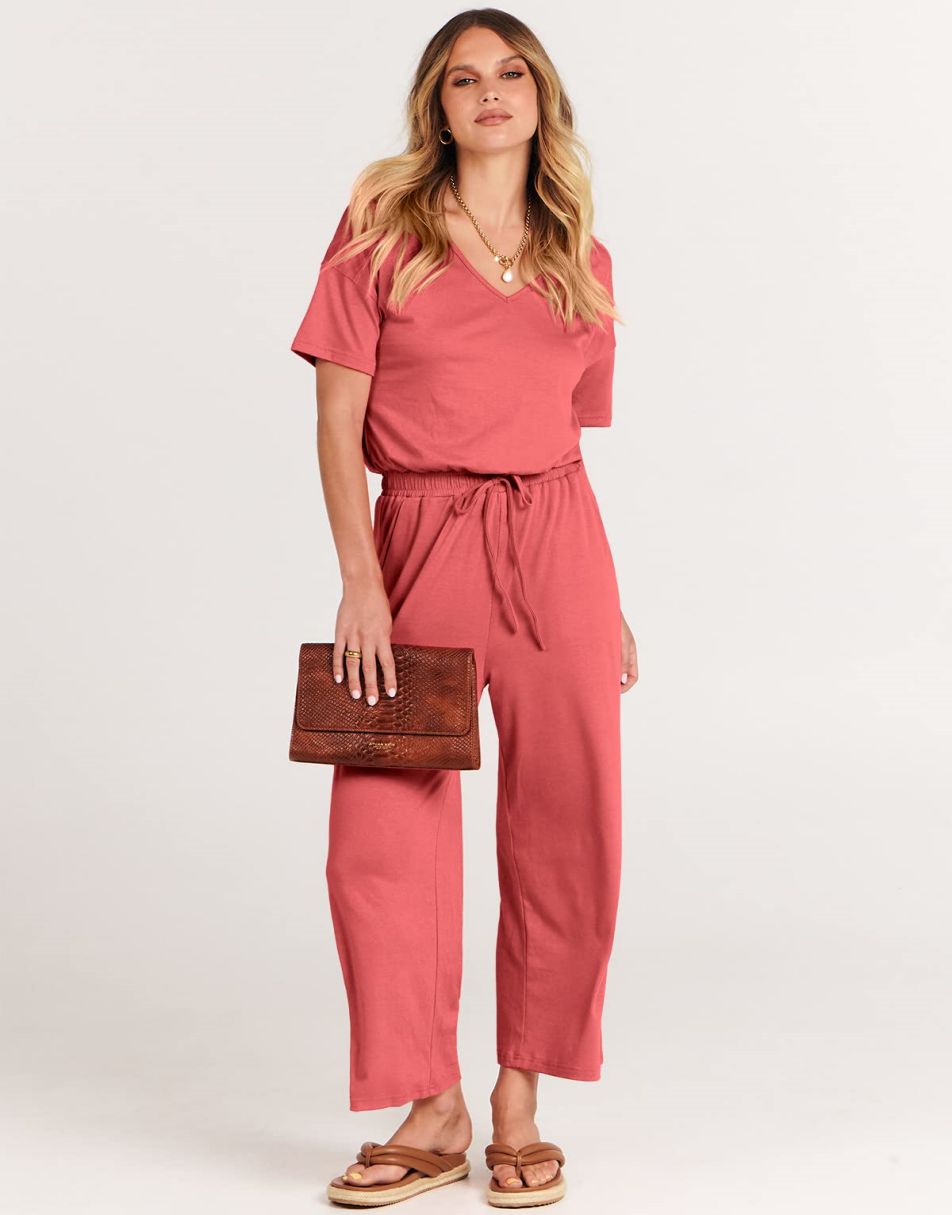 ANRABESS Kurzarm V-Ausschnitt Elastische Taille Weites Bein Cropped Hosen Jumpsuits Strampler
