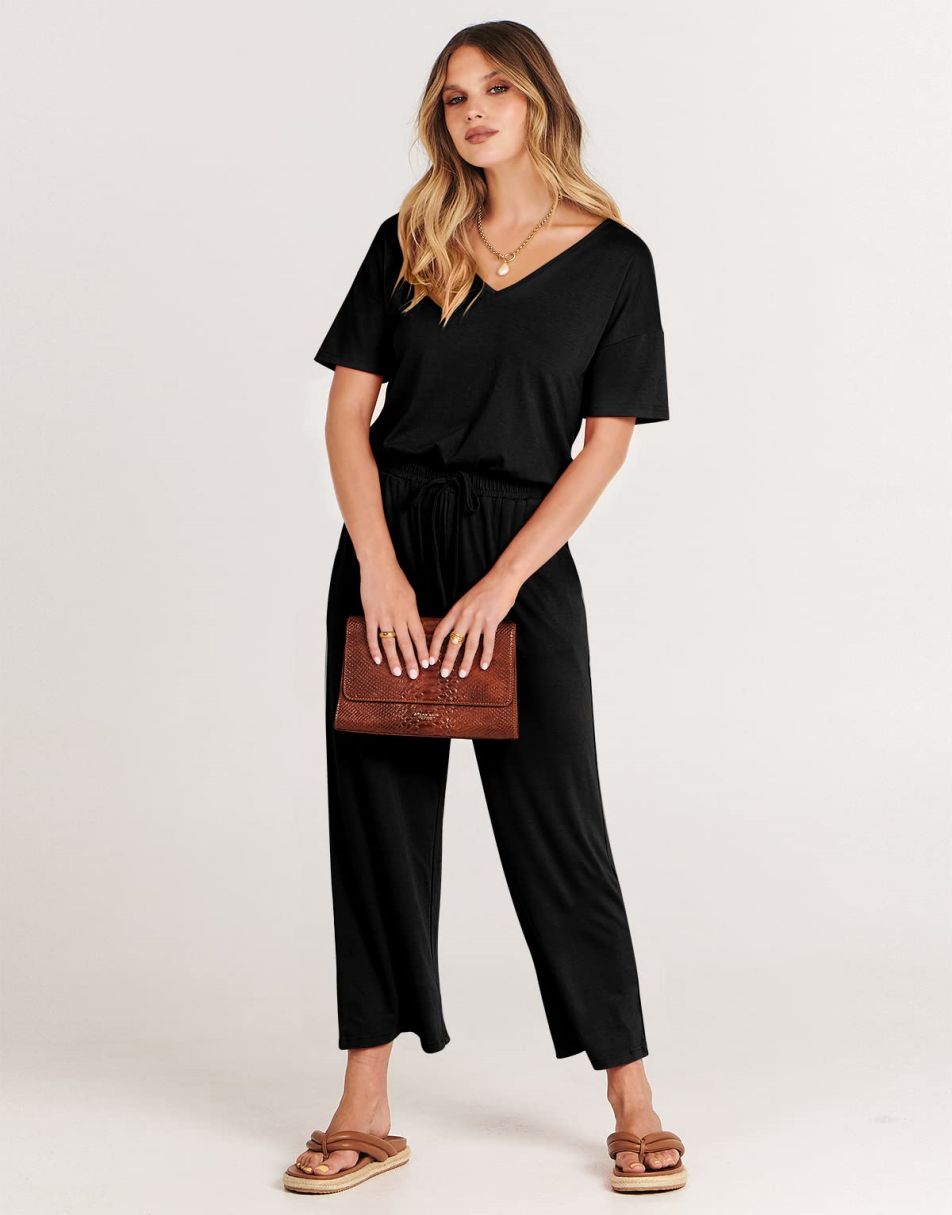 ANRABESS Kurzarm V-Ausschnitt Elastische Taille Weites Bein Cropped Hosen Jumpsuits Strampler