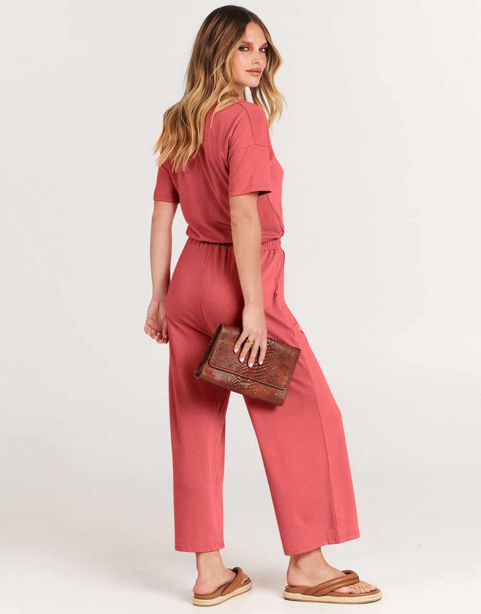 ANRABESS Kurzarm V-Ausschnitt Elastische Taille Weites Bein Cropped Hosen Jumpsuits Strampler