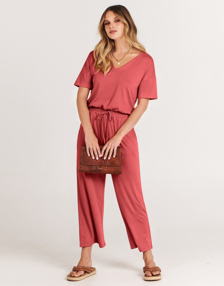 ANRABESS Kurzarm V-Ausschnitt Elastische Taille Weites Bein Cropped Hosen Jumpsuits Strampler