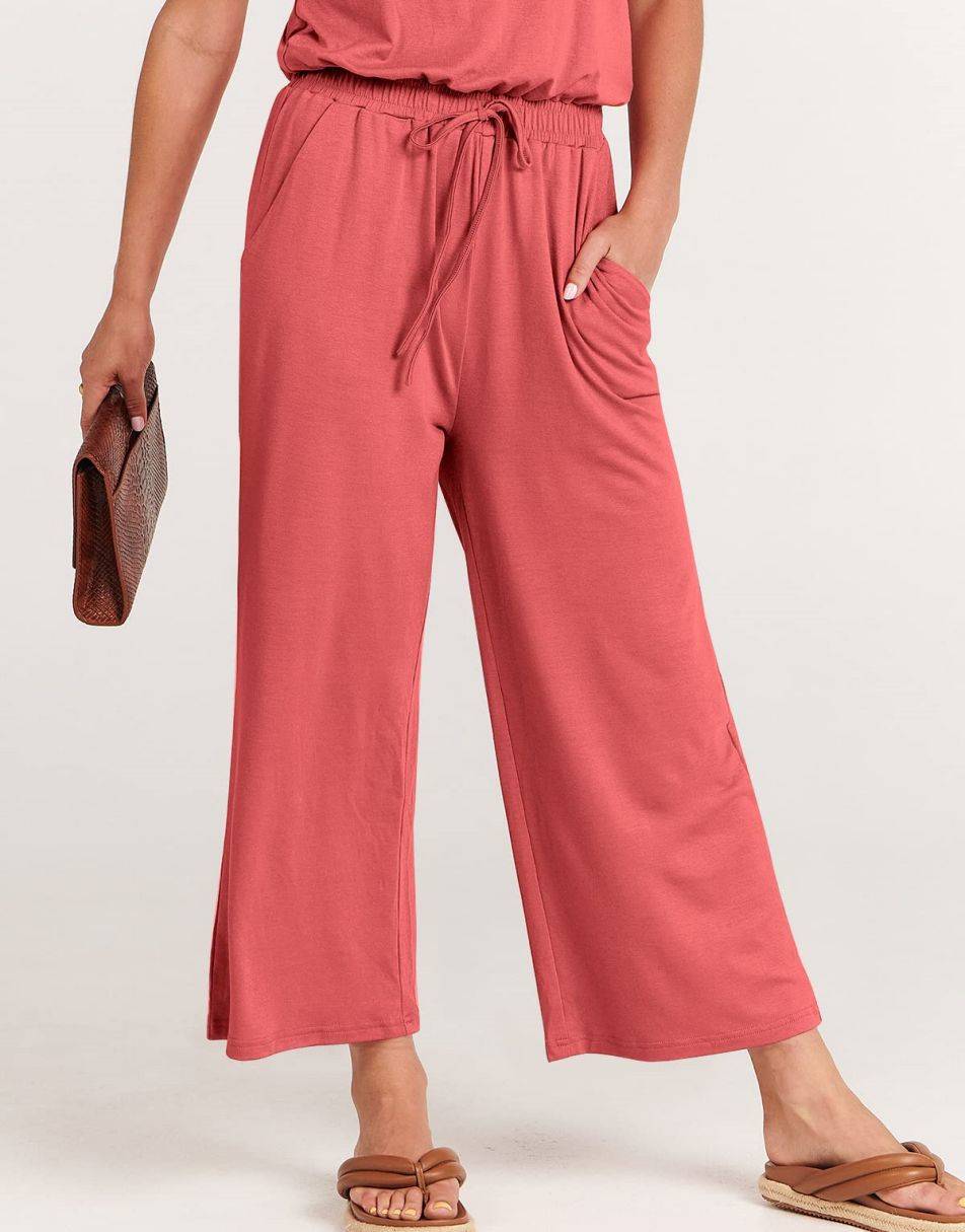 ANRABESS Kurzarm V-Ausschnitt Elastische Taille Weites Bein Cropped Hosen Jumpsuits Strampler
