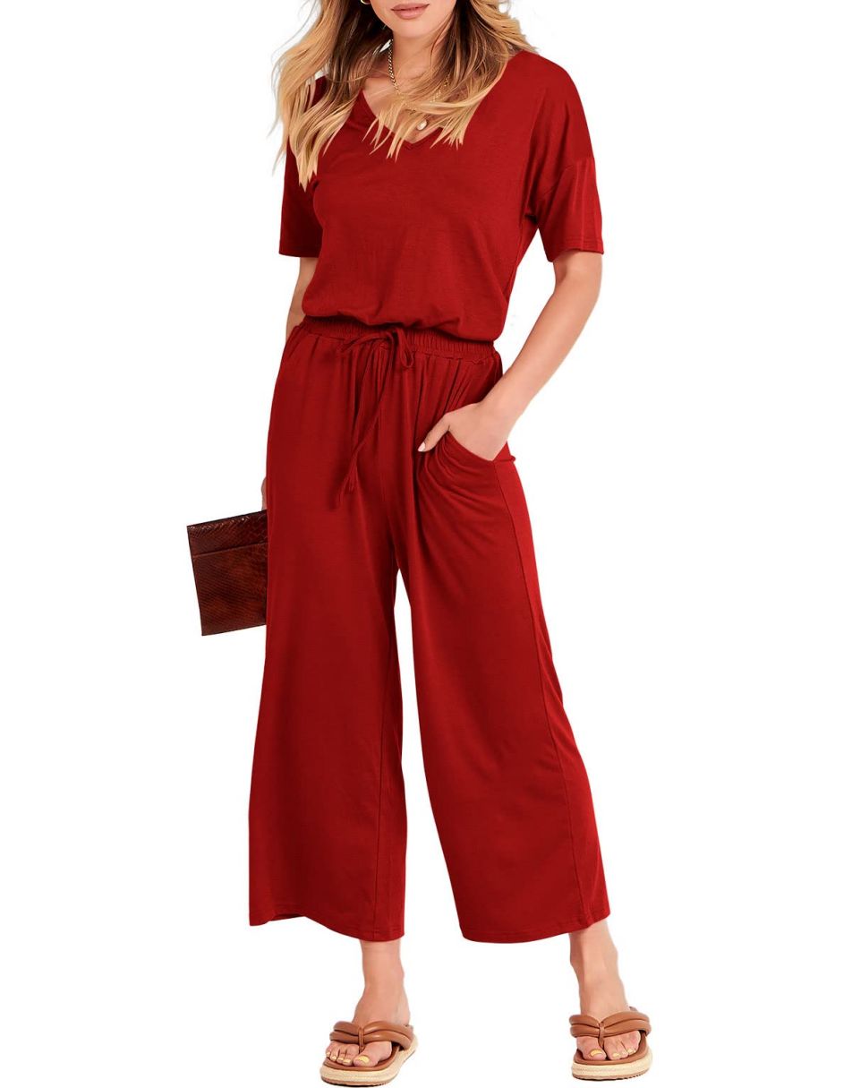 ANRABESS Kurzarm V-Ausschnitt Elastische Taille Weites Bein Cropped Hosen Jumpsuits Strampler