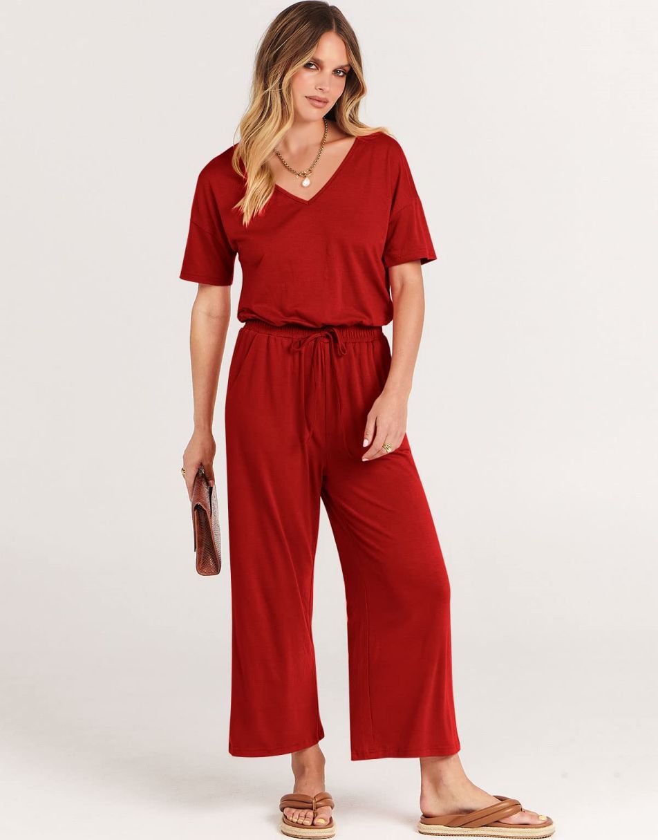 ANRABESS Kurzarm V-Ausschnitt Elastische Taille Weites Bein Cropped Hosen Jumpsuits Strampler