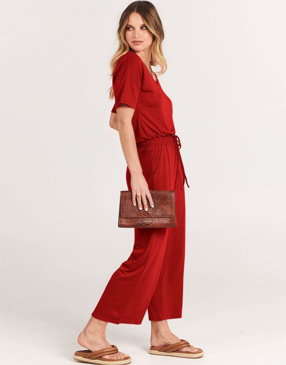 ANRABESS Kurzarm V-Ausschnitt Elastische Taille Weites Bein Cropped Hosen Jumpsuits Strampler