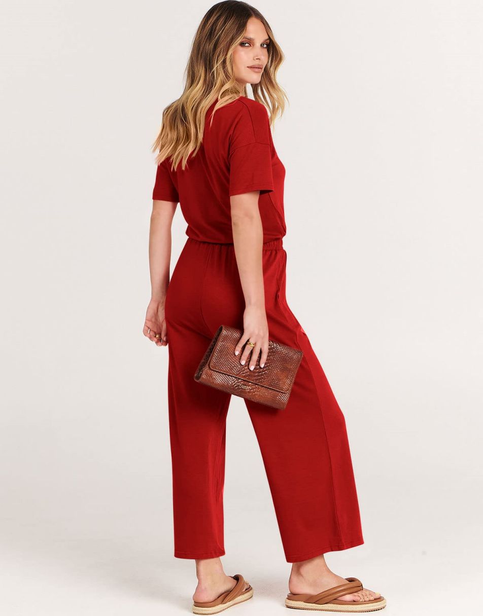 ANRABESS Kurzarm V-Ausschnitt Elastische Taille Weites Bein Cropped Hosen Jumpsuits Strampler