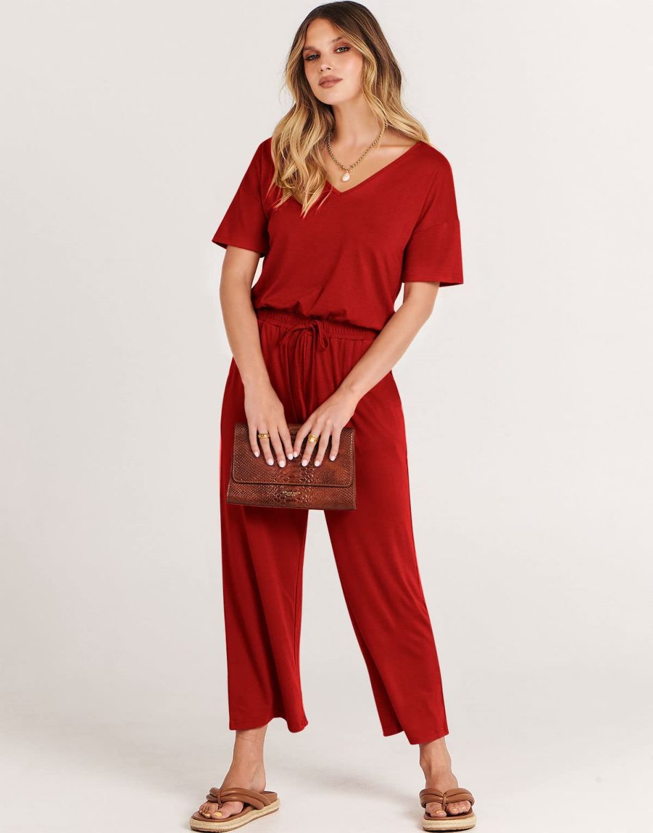 ANRABESS Kurzarm V-Ausschnitt Elastische Taille Weites Bein Cropped Hosen Jumpsuits Strampler