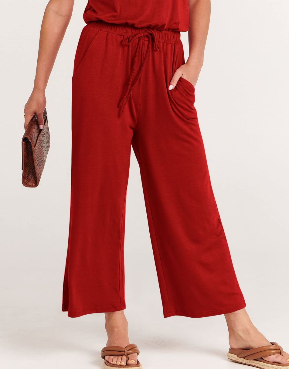 ANRABESS Kurzarm V-Ausschnitt Elastische Taille Weites Bein Cropped Hosen Jumpsuits Strampler